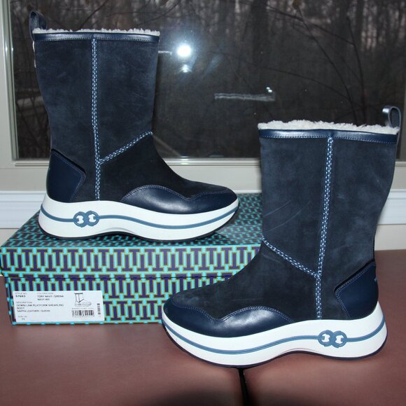 Tory Burch Gemini Link Leather Platform Shearling Boot Navy/Sirena ; Size 11 - Picture 5 of 10
